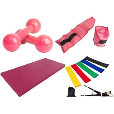 Imagem de Par Halter 02 Kg Rosa + Par Caneleiras 01 Kg, Colchonete Rosa, 5 Elásticos Multifuncionais