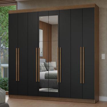 Imagem de Guarda-Roupa Casal 8 Portas Batentes com Espelho Rustic/Preto/Rustic Netuno Madesa