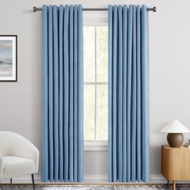 Imagem de Cortinas blecaute azuis de 244 cm de comprimento para quarto com ilhós cortina de veludo chenille com bloqueio de luz, isolamento térmico, rústico, texturizado, moderno, casa de fazenda, sala de estar
