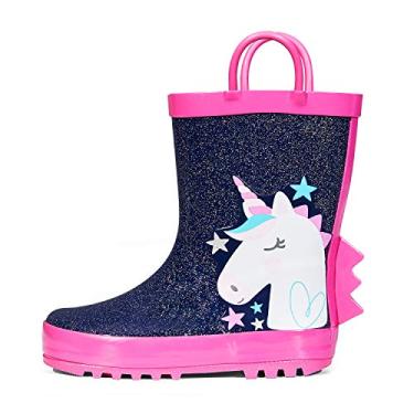Imagem de Botas de chuva infantis para meninos da K KomForme, borracha impermeável impressa com alças, Glitter Unicorn Star, 3 Big Kid