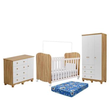Imagem de Dormitório Júnior 3 Portas, Cômoda 1 Porta e Berço Uli com Colchão Baby Physical - Móveis Peroba