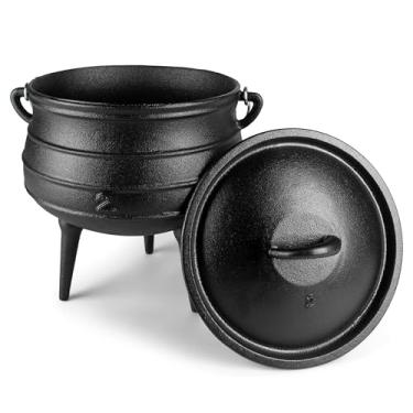 Imagem de Bruntmor Caldeirão gigante pré-temperado de ferro fundido | 6 Quarts - Pote Africano Potjie com tampa | 3 pernas para distribuição uniforme de calor - Panelas de acampamento premium para cozinhar em fogueira, carvão e lareira (médio)