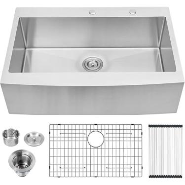 Imagem de Lordear Pia de fazenda subterrânea de 83 cm x 55 cm sob montagem avental frontal de aço inoxidável calibre 16 tigela única profunda feita à mão lavatório de cozinha de fazendeiro