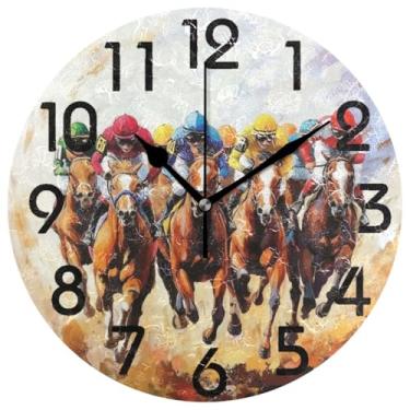 Imagem de ZzWwR Relógio de parede redondo de 25 cm, pintura de corrida de cavalos, operado por bateria, analógico, silencioso, sem tique-taque, decoração para casa/cozinha/sala de estar/berçário/banheiro