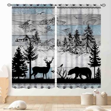 Imagem de TKUYO Cortinas de casa de fazenda, silhueta rústica de cervo floresta, urso, pinheiro, prancha de madeira azul velha, chalé, janela, tratamentos para cozinha, quarto, sala de estar, conjunto de 2