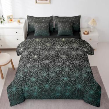 Imagem de Erosebridal Jogo de cama king size de teia de aranha Halloween Horror conjunto de edredom 7 peças listras geométricas linhas quadriculadas cama em uma bolsa verde amarelo ombré cama em uma bolsa para