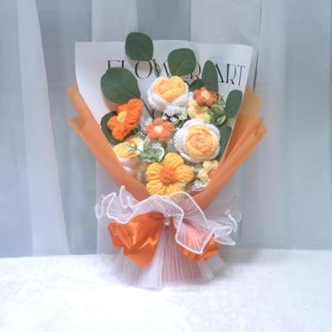 Imagem de YUNBIAOSEN Buquê de flores de crochê completo de crochê para decoração de casa de aniversário (laranja)