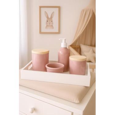Imagem de Kit Higiene poá Bebê em Porcelana, Bandeja Branca, 4 Peças, Potes com Tampa de Madeira, Dispenser, Porta Algodão, Decorativo para Quarto Infantil (Rosa Bebê)