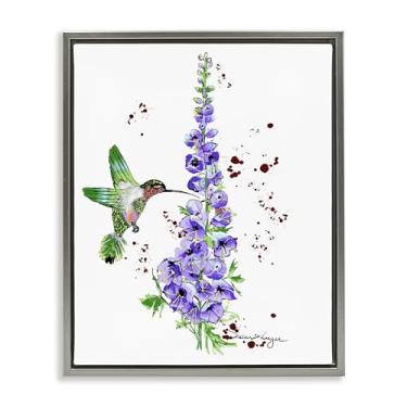 Imagem de Stupell Industries Delphiniums and beija-flor cinza moldura tela flutuante arte design de parede por Susan Lugar, 21 x 17