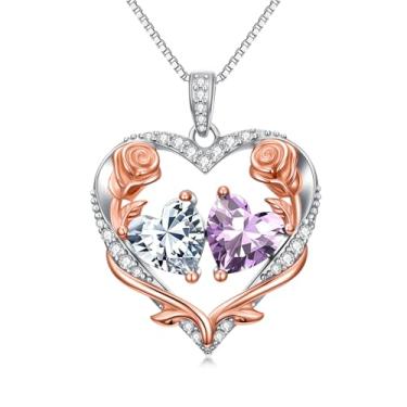 Imagem de Zoeniya Colar de coração rosa, presente para mulheres, banhado a ouro branco 18 k, pedra do mês de nascimento de 12 meses, presente de aniversário e Natal para sua esposa, namorada, 25mm, base