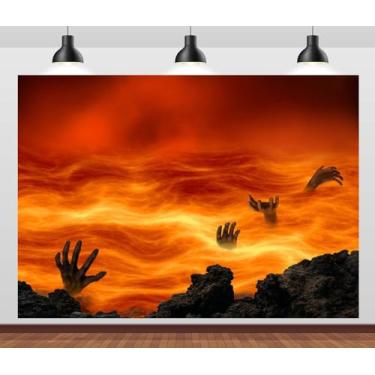 Imagem de CORFOTO Tecido de 2,1 x 1,5 m Hellfire Backdrop Wicked Souls Tormented Halloween Theme Photography Backdrop Burning Lake of Fire Halloween Hell Party Props Retrato Photoshoot Props