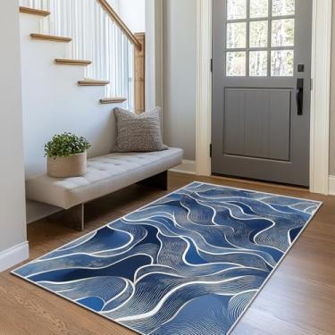 Imagem de Tapete moderno de 7 x 12 cm, azul e branco, para banheiro, entrada interna, lavável à máquina, tapetes abstratos para quarto, ultramacio, sala de jantar, tapete antiderrapante para escritório em casa