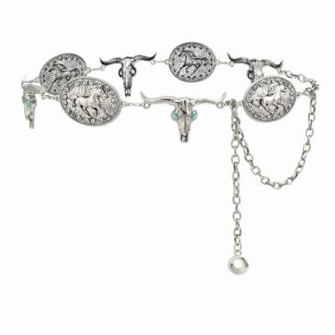 Imagem de YooAi Cinto feminino Western Metal Concho com corrente de vaqueira para vestidos, jeans, roupa de concerto country, Prata, Fit waist up to 50"