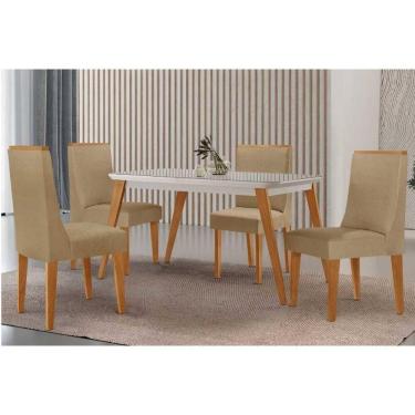 Imagem de Conjunto Sala de Jantar Havana c/ Tampo Madeirado c/ Vidro Canto Curvo 120x80cm e 4 Cadeiras Dakota Madeira Maciça Naturale/Off White - Capuccino/Linh