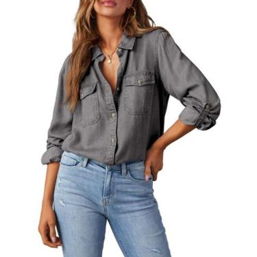 Imagem de Camisa feminina elegante de ganga com botões, manga comprida, cinza, G