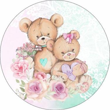 Imagem de Painel de Lona Redondo Chá de Revelação Ursinho Casal Aquarela Flores 
