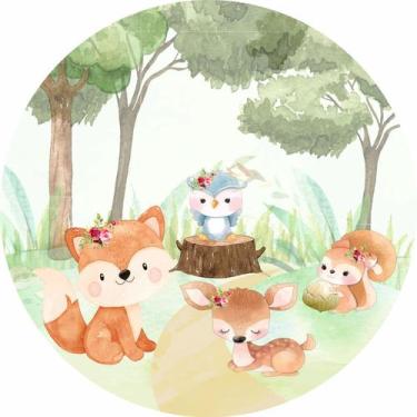 Imagem de Painel de Tecido Sublimado Redondo Animais Aquarela Menina Dia no Bosq