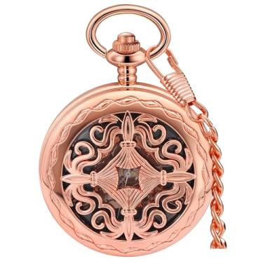 Imagem de Alwesam Relógio de bolso mecânico masculino com design de algarismos romanos em ouro rosa com corrente retrô mecânica, corda manual, relógio antigo masculino
