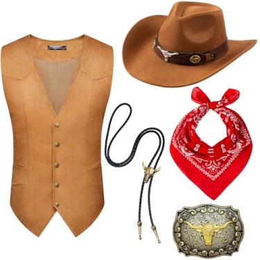 Imagem de Tuxsuitown 5 peças de roupa de cowboy para homens, fantasia de caubói, colete de faroeste, chapéu e acessórios para festa do Velho Oeste de Halloween, Marrom, P