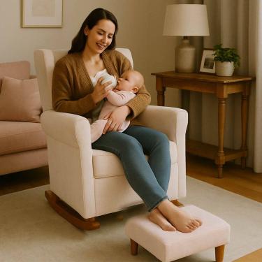 Imagem de Poltrona Aquila Amamentação Balanço e Puff Baby BegeClaro