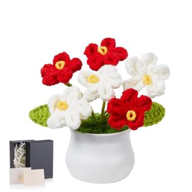 Imagem de LAIDANLA Flores de crochê, Forget Me Not, mini vaso de flores vermelhas e brancas de crochê para mesa, presentes de aniversário de formatura feitos à mão para mulheres, amigas, professoras, mães