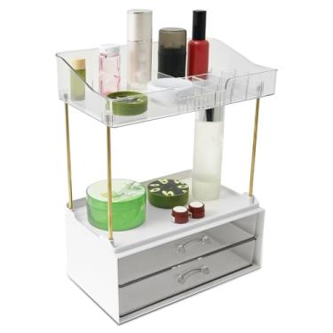 Imagem de Organizador de maquiagem de 2 camadas com 3 gavetas para cômoda, organizador de quarto de banheiro, suporte de bancada para cuidados com a pele, estojo de exibição de cosméticos, suporte de