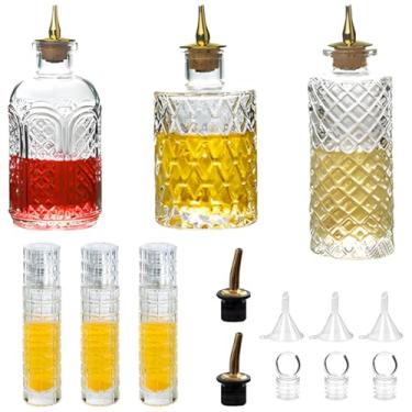 Imagem de Conjunto de 6 garrafas de coquetel, incluindo 3 garrafas de estilo, diamante clássico, padrão esculpido e grade de diamante, 3 garrafas atomizadoras Bitters, vidro, acessórios de bar versáteis