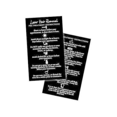 Imagem de Cartões de cuidados pós-depilação a laser Boutique Marketing | Pacote com 50 | Cartão de visita tamanho 5 x 9 cm | Instruções pré e pós-tratamento | Design preto com branco, branco, preto