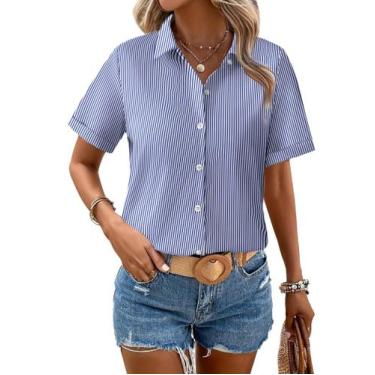 Imagem de Camisa Zeagoo azul listrada com botões e manga curta para mulheres
