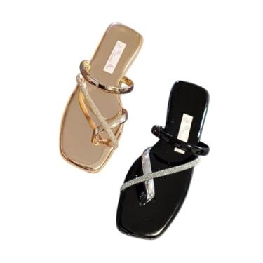 Imagem de Rasteirinha Feminina Com Tiras Brilhantes e Strass Confortavel para Dia a Dia e Festas, Rasteira Preta, Cobre Luxo e Elegante (Preto, BR, Adulto, Numérico, M, 34)