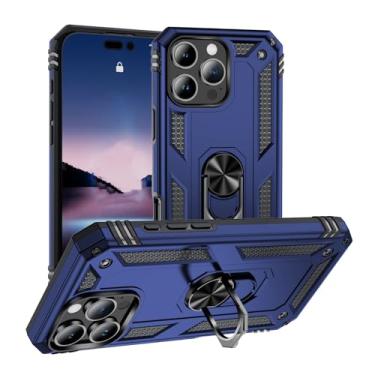 Imagem de SORAKA Capa para iPhone 16 Pro com suporte de anel, capa protetora para iPhone 16 Pro, capa traseira de policarbonato rígido com placa de metal para suporte magnético de telefone carro azul