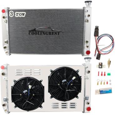 Imagem de COOLINGBEST Radiador de alumínio para Chevy 1988-1999 C1500 C2500 C3500 K1500 K2500 K3500 GMC Suburban 5.0 5.7L V8 radiadores de 3 fileiras com kit de termostato de cobertura de ventilador elétrico