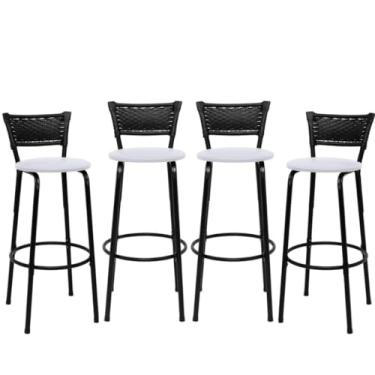 Imagem de Kit Com 4 Banquetas Altas Para BalcãO, Estilo Americano Com Assento De Junco Natural, Para Cozinha, Bar E áRea Gourmet(BRANCO)