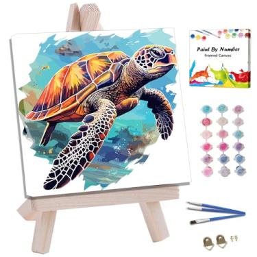 Imagem de JUJUHOOD Kit de pintura emoldurada de tartaruga abstrata por números para adultos iniciantes e crianças de 8 a 12 anos, pintura de tartaruga Ccean por número sem cavalete, pintura simples por números