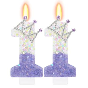 Imagem de ElekFX Vela branca roxa número 11, topo de bolo com coroa de glitter, decorações de festa de aniversário de princesa para meninas e mulheres, lembrancinhas de festa de aniversário