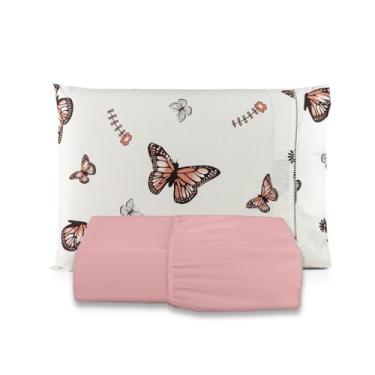 Imagem de Jogo de Lençol Viúva 2 Peças (198x108x25) 100% Algodão 200 Fios Estampado Borboletas (Rosé Liso)