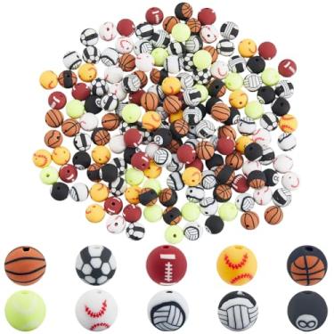 Imagem de SUNNYCLUE 200 peças, 10 estilos, contas esportivas redondas, bolas de beisebol, argila de polímero, futebol, basquete, vôlei, tênis, espaçadores soltos para pulseiras, brincos, colar, joias