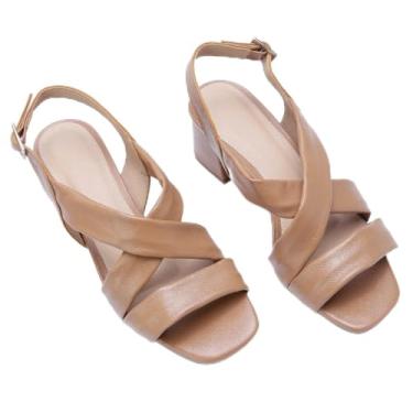 Imagem de Sandália Feminina Elegante em Salto Bloco Médio Tiras Largas Fivela Slingback Peep Toe Preta e Bege para Trabalho e Festas (Capuccino, BR, Adulto, Numérico, 38)