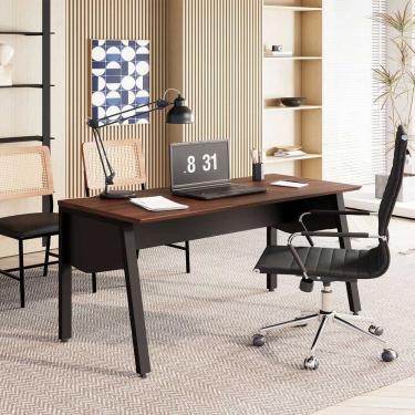 Imagem de Mesa Escrivaninha Escritório 1,50m com Tampo Chanfrado e Pés Metálicos F5 Office Louro Preto com Preto