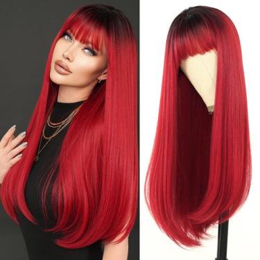 Imagem de Peruca 7JHH WIGS longa reta vermelha escura 70 cm com franja sintética