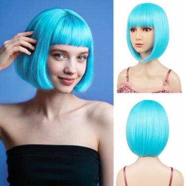 Imagem de Peruca Sarannala Bob Teal Blue Sintética Fibra Sintética 30cm com boné