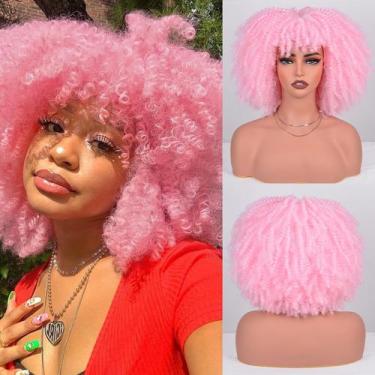 Imagem de Peruca Vitorish Afro Kinky Curly com franja 30cm rosa sintético