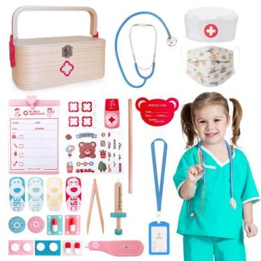 Imagem de Kit médico de madeira de 20 peças para crianças com estetoscópio e cai
