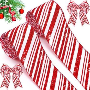 Imagem de Fita decorativa Ysleen Candy Cane Glitter 6,4 cm x 20 jardas