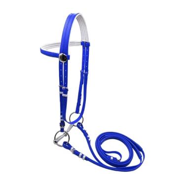 Imagem de Baoblaze Rédea de cavalo com rédea, coleira de corda para montaria, arnês ajustável com alça para clube, curso de adestramento de trilha, M Blue