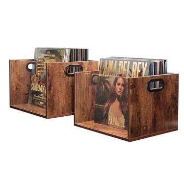 Imagem de Caixa de armazenamento de discos de vinil, pacote com 2, comporta até 60 LPs, caixa de armazenamento visível para álbum com frente de acrílico, alça, organizador multiuso de madeira para registros