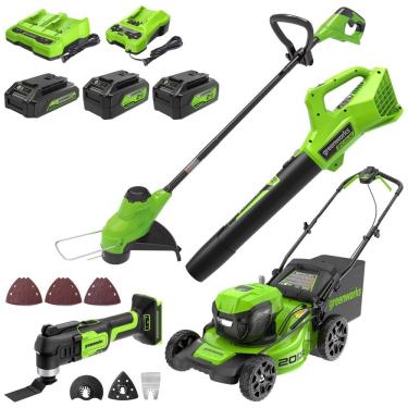 Imagem de Kit Sem Fio Greenworks 48V: Cortador de Grama , Aparador de Grama , Soprador de Folhas 320 CFM e Multi Ferramenta 24V