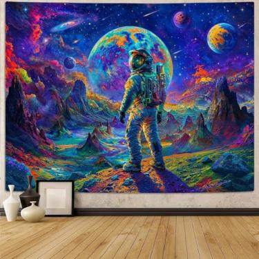 Imagem de kampdream Tapeçaria de paisagem lunar de astronauta alienígena, arte de planeta galáxia cósmica, pôster decorativo legal para quarto/dormitório masculino, 121 x 91 cm