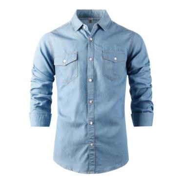 Imagem de Camisa masculina OCHENTA, jeans, casual, cambraia, com botões, azul
