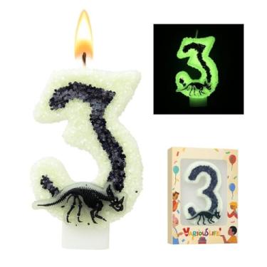 Imagem de Vela de aniversário de dinossauro que brilha no escuro número 3 para festa temática de esqueleto jurássico menino